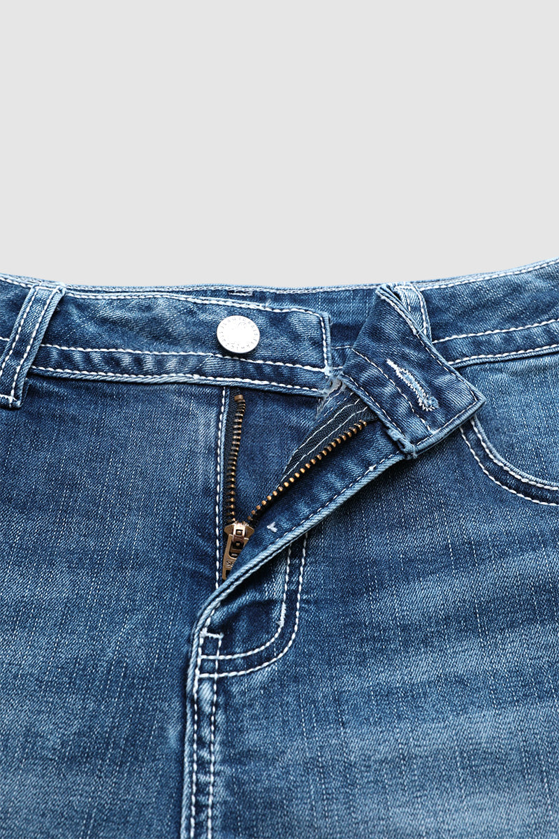 Raw Hem Embroidery Flap Decor Split Mid Waist Denim Shorts