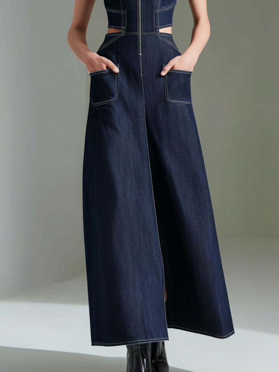 Robe longue en jean à col montant et coupe architecturale