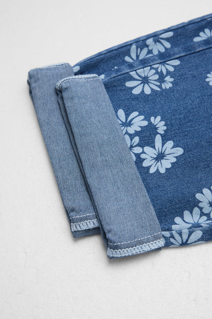 Floral Print Roll Hem Drawstring High Waist Barrel Leg Crop Jeans