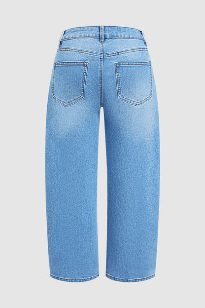 Wash Plant Embroidery Mid Waist Barrel Leg  Jeans