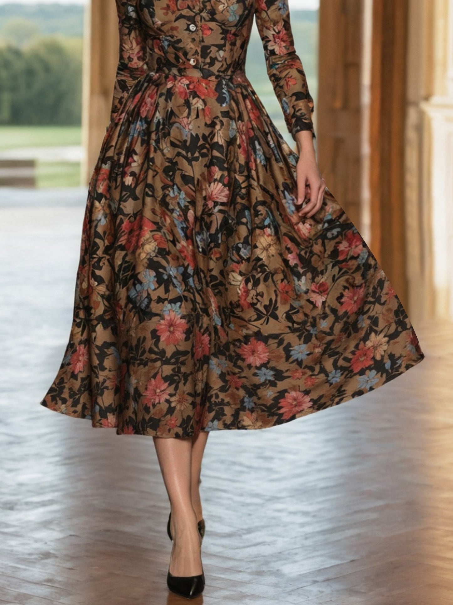 Robe midi en lin, manches longues, encolure en cœur, imprimé floral, boutons, vacances, style vintage, marron foncé