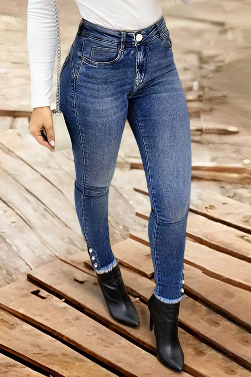 Pearl Button Side Raw Hem High Waist Skinny Jeans