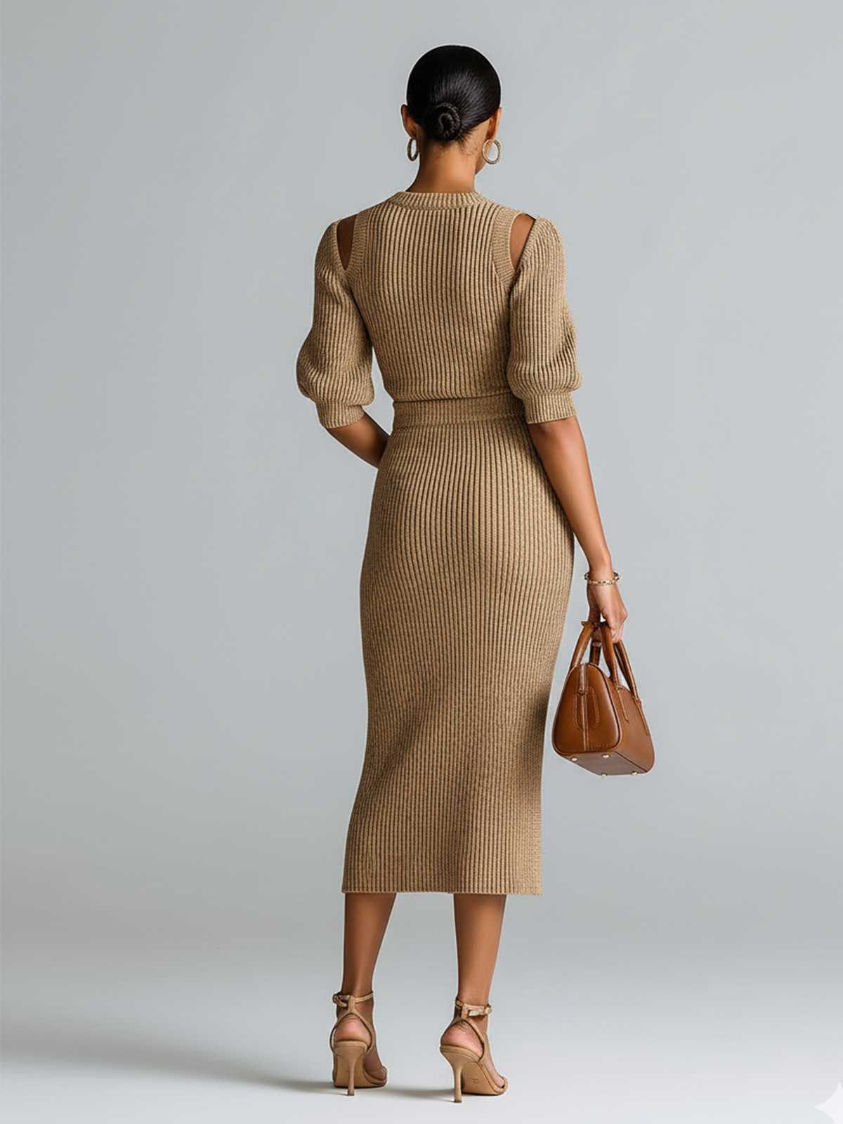 Stylish Elegant Camel Crew Neck Slim-fit Short-sleeved Cutout Sweater Top Side-Slit Pencil Skirt Ribbed Knit Two-Piece Set