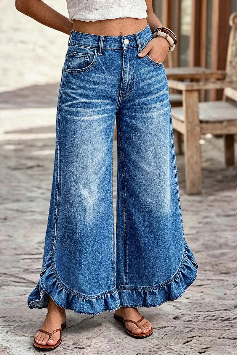 Wash Ruffle Hem Split Mid Waist Wide Leg Jeans