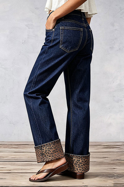 Leopard Print Studded Roll Hem Mid Waist Straight Leg Jeans