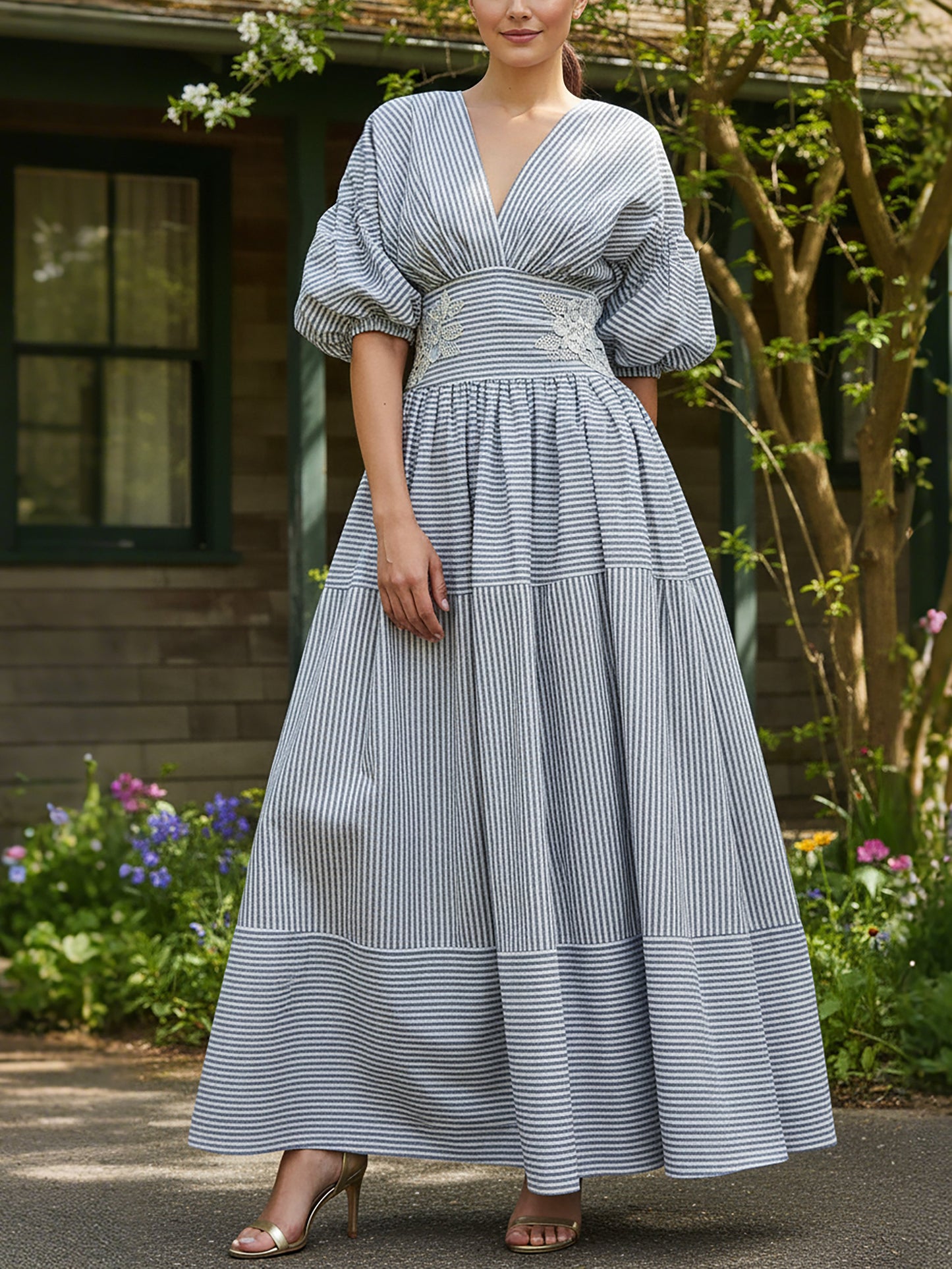 Robe longue en coton, demi-manches, col en V, à carreaux, dentelle, vintage, bleue