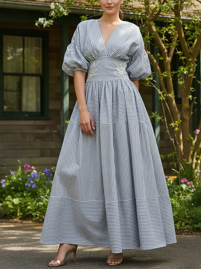 Robe longue en coton, demi-manches, col en V, à carreaux, dentelle, vintage, bleue