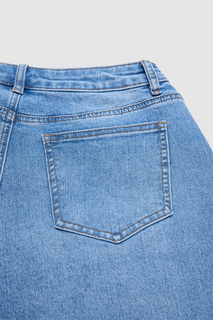 Wash Flap Pocket Stitch Detail Mid Waist Straight Leg Cropped Jeans Without Belt