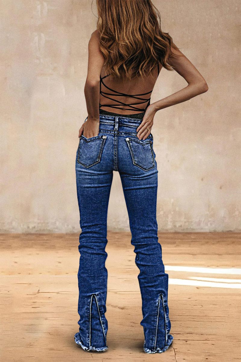 Wash Raw Hem V Cut Pocket Mid Rise Bootcut Jeans
