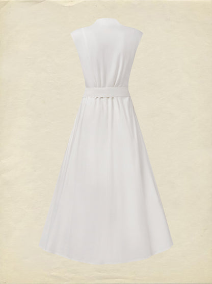 Robe midi en lin, sans manches, col en V, unie, avec ceinture, vintage, blanche