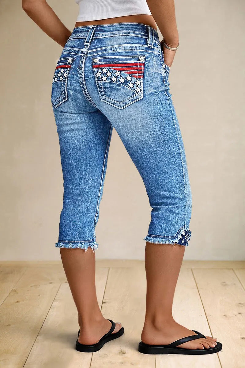 Stripe & Star Embroidery Raw Hem Mid Waist Skinny Capri Jeans