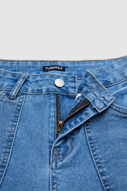 Ripped Seam Front Roll Hem Mid Rise Denim Bermuda Shorts Without Belt