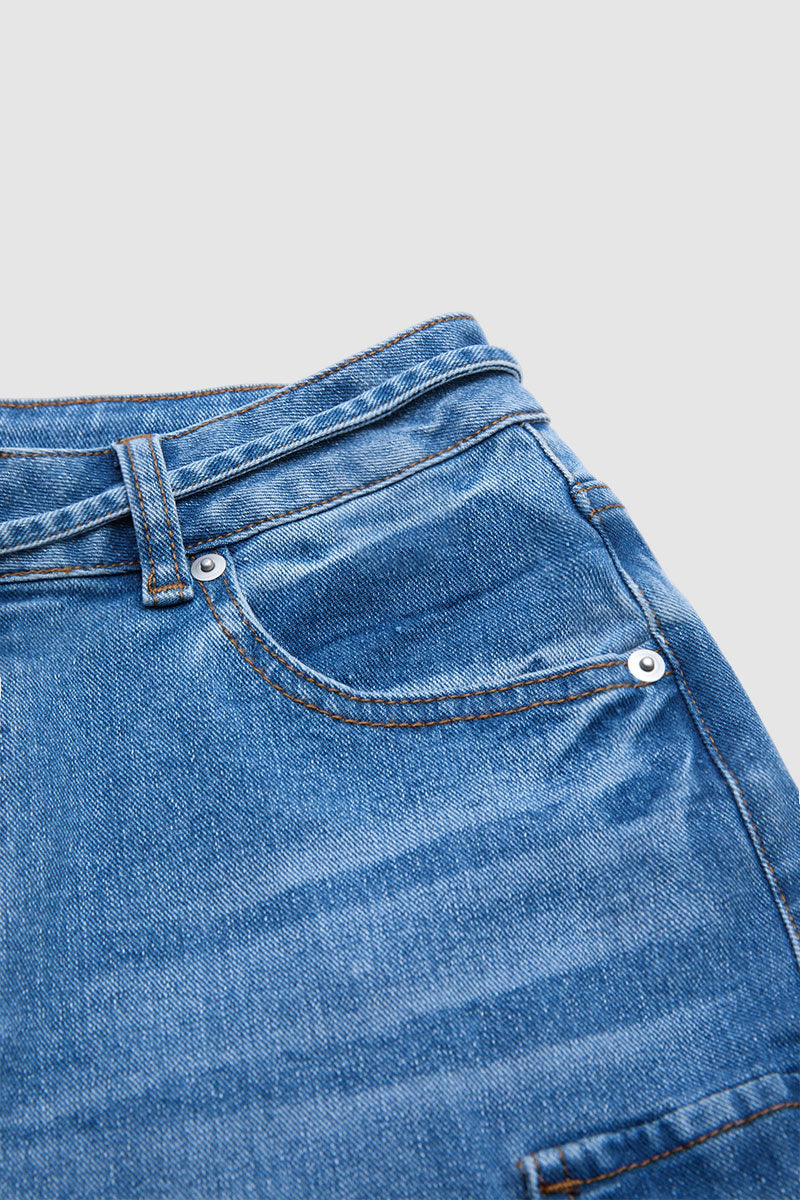Roll Hem Drawstring Mid Waist Denim Mid Thigh Shorts