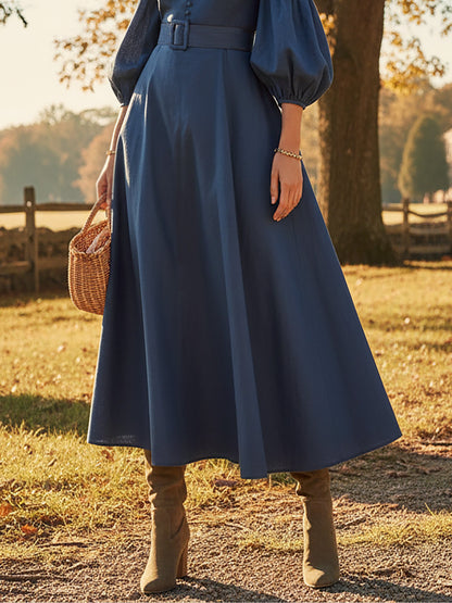 Robe longue en coton, demi-manches, col montant, unie, ceinture, vintage, bleu profond