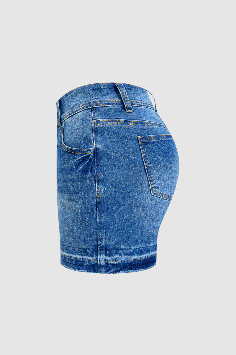 Wash Stitch Detail Mid Waist Denim Mid Thigh Shorts