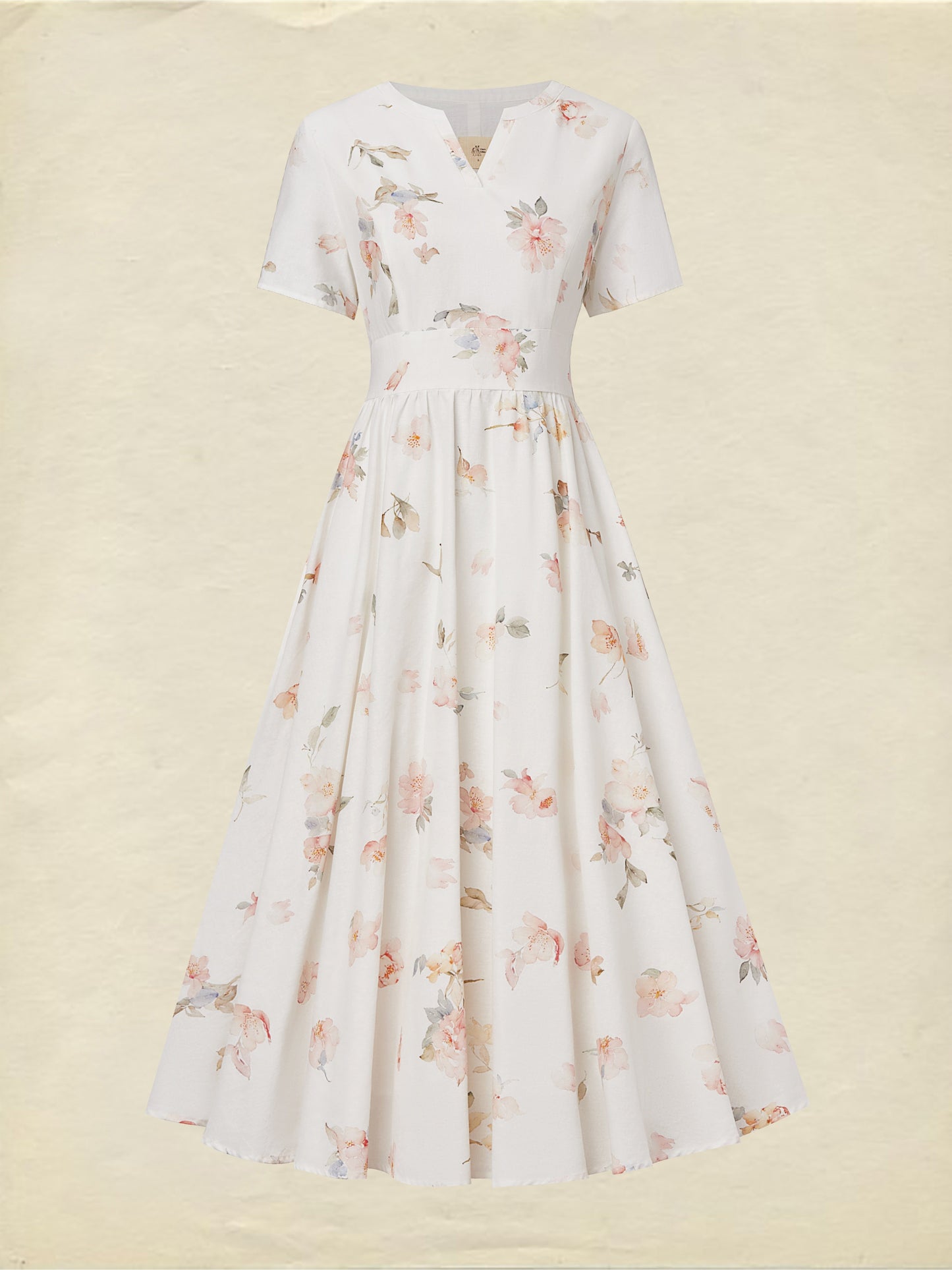 Robe midi en lin, manches courtes, col en V, florale, vintage, blanche