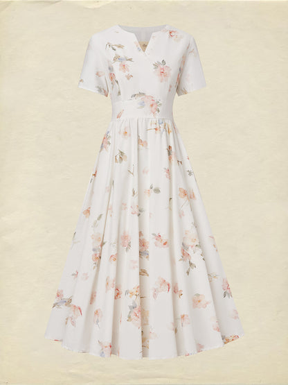 Robe midi en lin, manches courtes, col en V, florale, vintage, blanche
