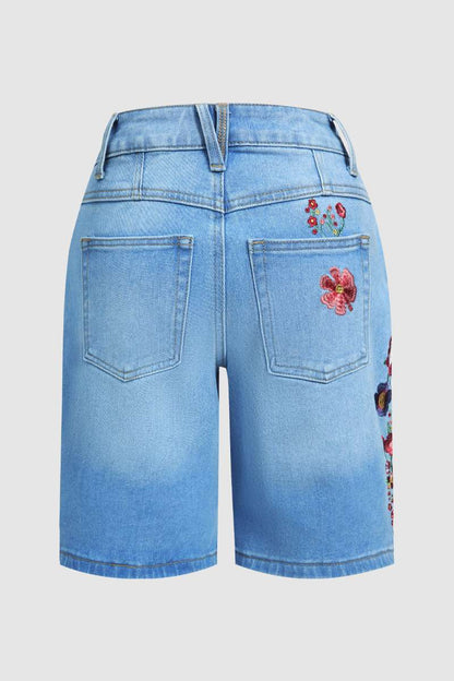 Wash Floral Embroidery Mid Rise Denim Bermuda Shorts