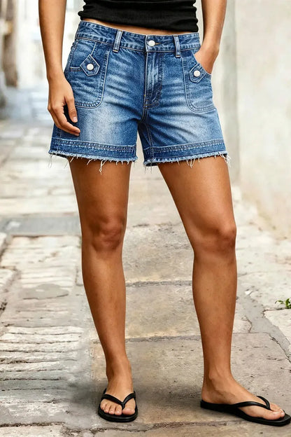 Wash Raw Hem Patch Pocket Mid Rise Denim Shorts