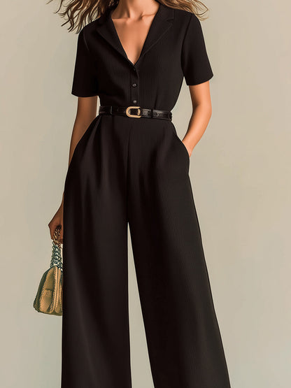 Chic Elegant Black Notched Collar Button-Front Short-Sleeve Tailored Waist Belted Wide-Leg Ribbed Knit Jumpsuit