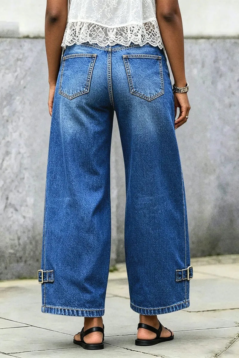 Wash Buckle Hem Mid Rise Wide Leg Crop Jeans