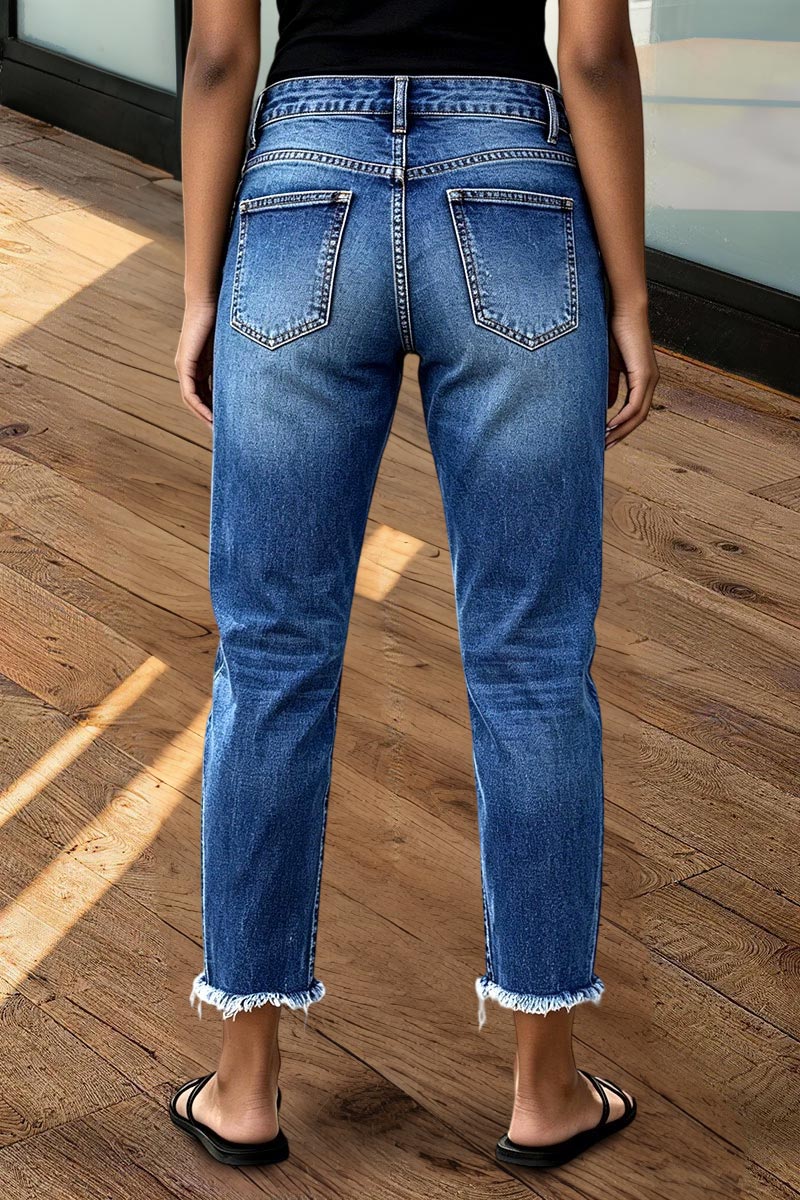 Raw Hem Ripped Mid Waist Straight Leg Crop Jeans