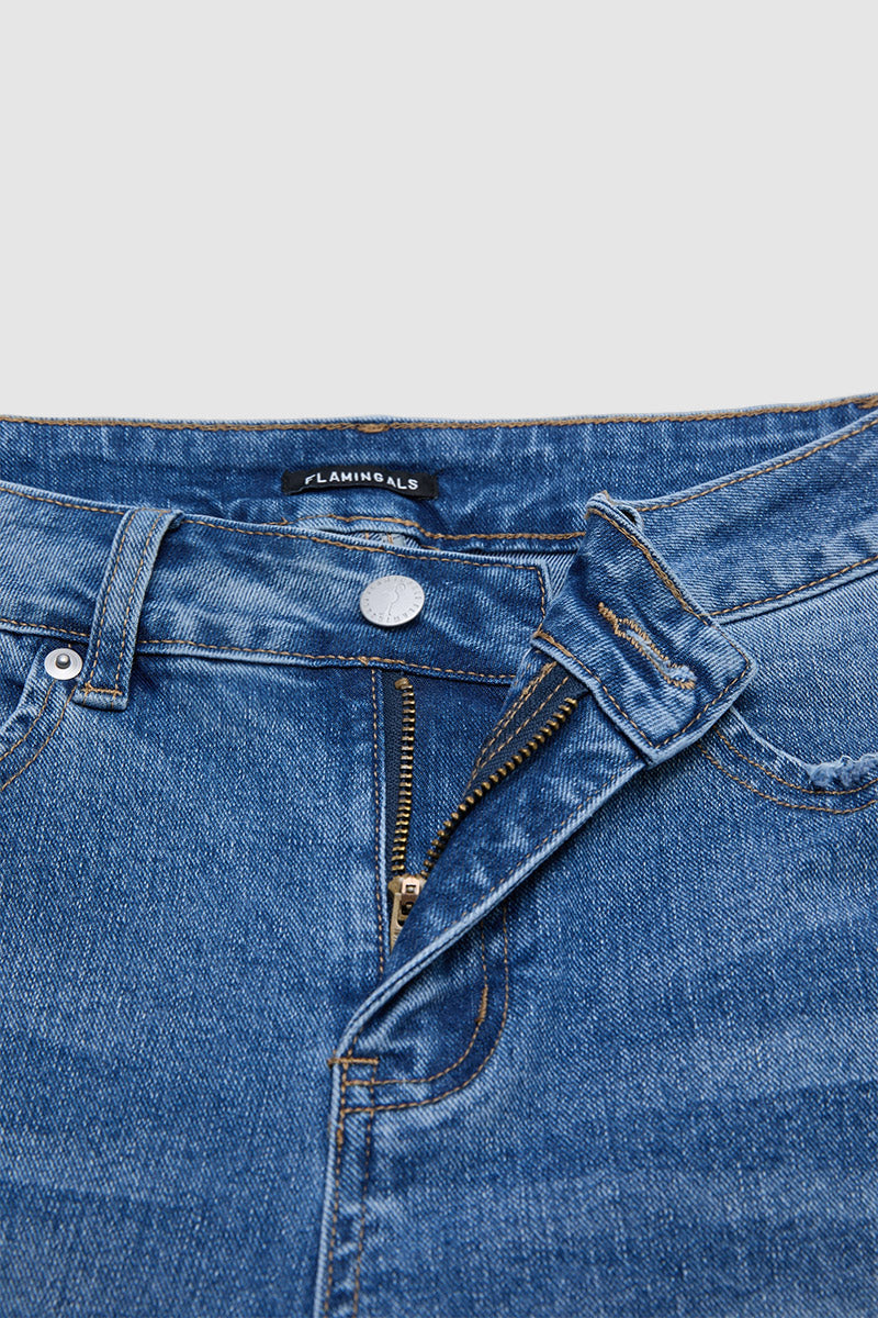Wash Buckle Decor Roll Hem Mid Waist Denim Bermuda Shorts