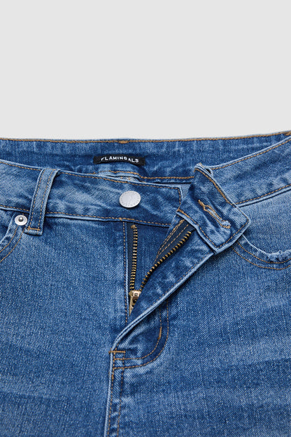 Wash Buckle Decor Roll Hem Mid Waist Denim Bermuda Shorts