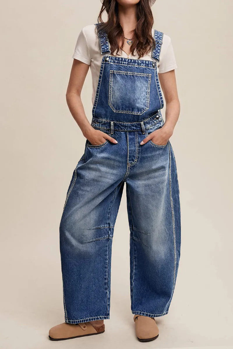 Wash Patch Pocket Stitch Detail Barrel Leg Denim Overalls