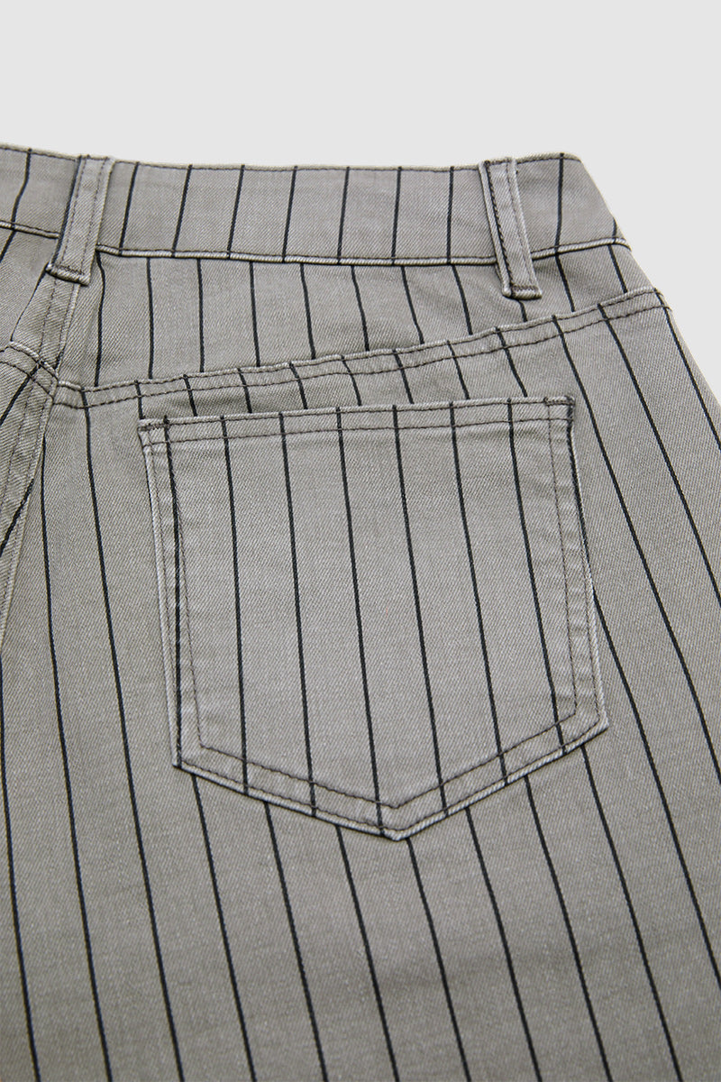 Striped Patch Pocket Mid Waist Wide Leg Cropped Pants Without Belt
