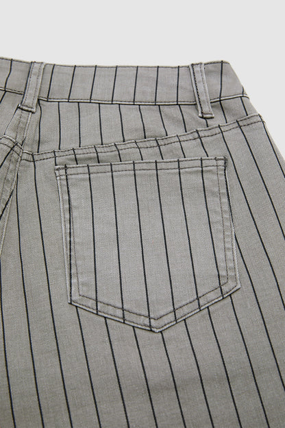 Striped Patch Pocket Mid Waist Wide Leg Cropped Pants Without Belt