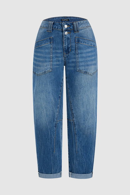 Wash Patch Pocket Dual Button Mid Rise Barrel Leg Crop Jeans