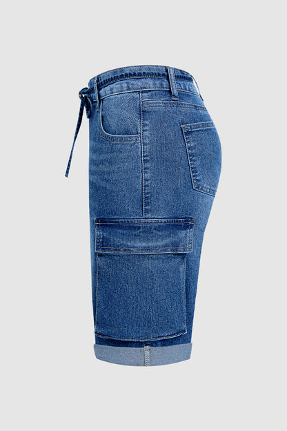 Wash Flap Pocket Roll Hem Belted High Rise Denim Bermuda Shorts