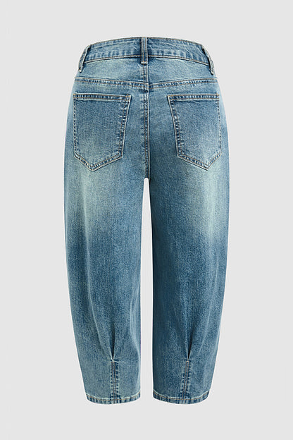 Wash Pleated Mid Rise Capri Tapered Jeans Without Belt