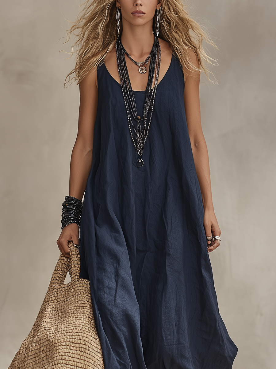 Robe longue bohème fluide bleu marine minuit