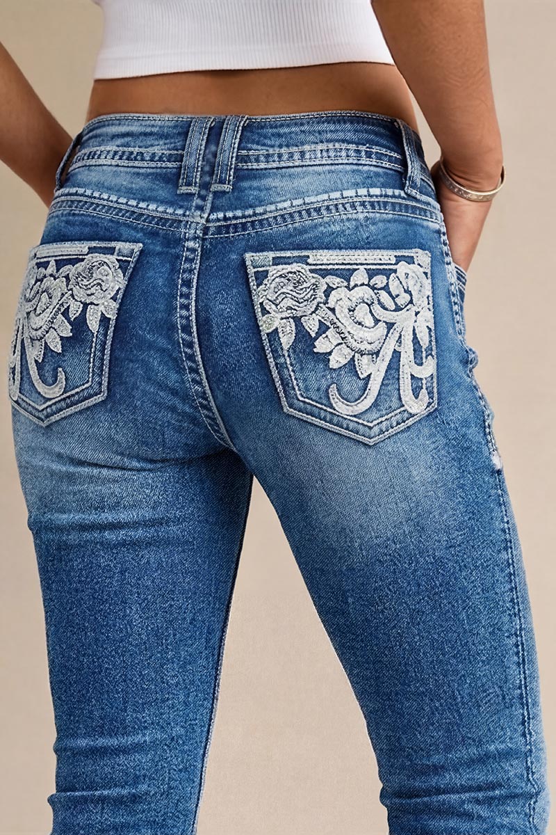 Wash Floral Embroidered Pocket Back High Rise Capri Skinny Jeans