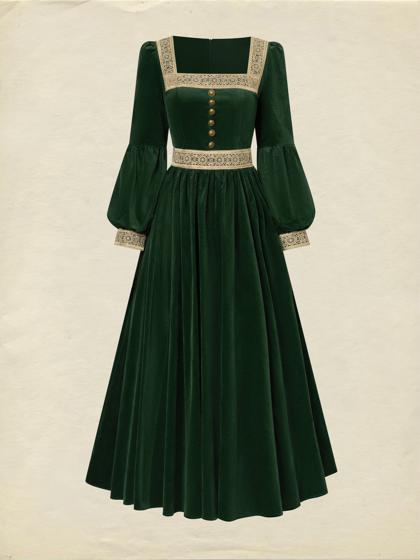 Robe longue en coton, manches longues, col carré, unie, dentelle, vintage, verte
