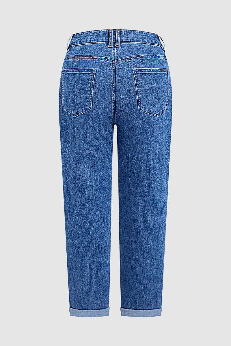 Wash Roll Hem Patched Pocket High Waist Tapered Crop Jeans