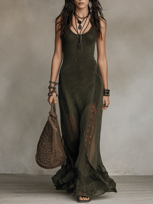 Robe longue bohème élégante en voile et dentelle vert olive
