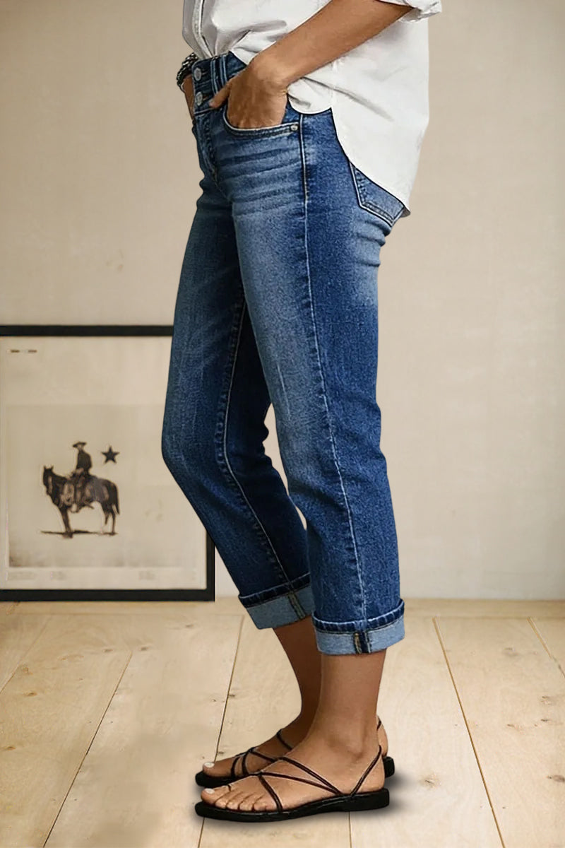 Roll Hem Dual Button High Waist Straight Leg Capri Jeans