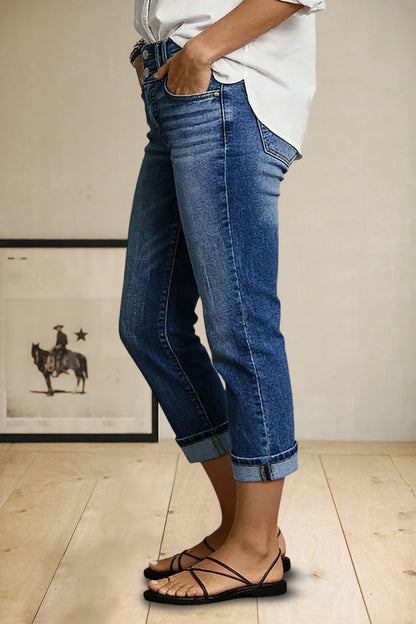 Roll Hem Dual Button High Waist Straight Leg Capri Jeans