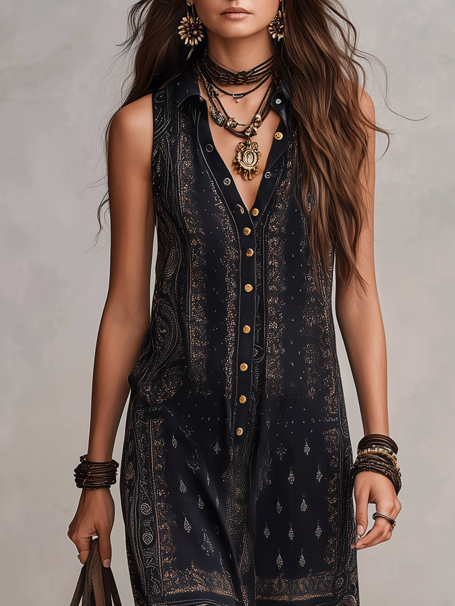 Élégante robe longue sans manches imprimé cachemire style bohème chic