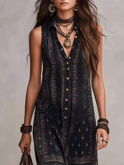 Élégante robe longue sans manches imprimé cachemire style bohème chic