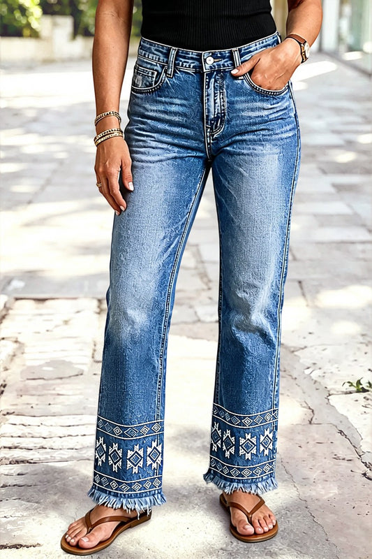 Wash Geo Embroidery Raw Hem Mid Waist Straight Leg Jeans Without Belt