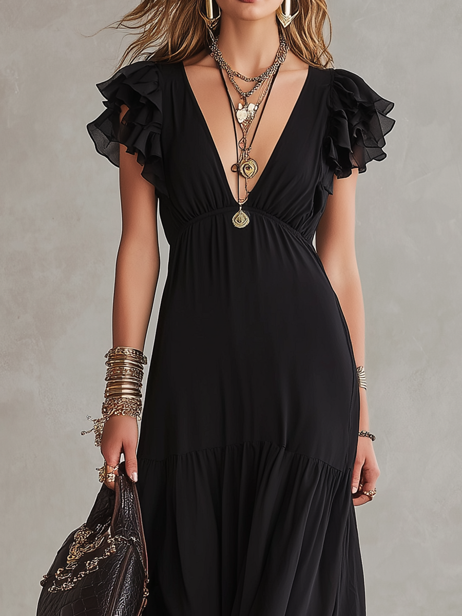Robe longue noire bohème à manches volantées