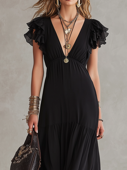 Robe longue noire bohème à manches volantées
