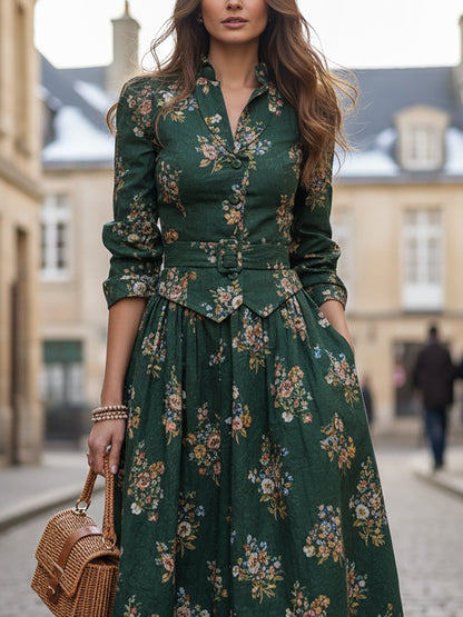 Jupe longue en lin, motif floral, poches, style vintage, verte
