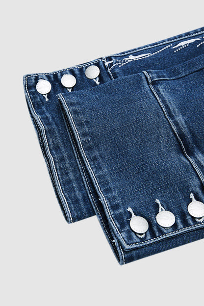 Plant Embroidery Button Decor Mid Waist Skinny Capri Jeans