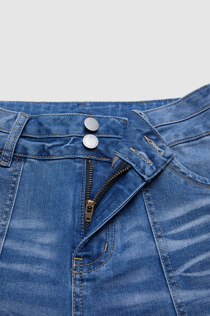 Wash Dual Button Mid Waist Straight Leg Denim Bermuda Shorts