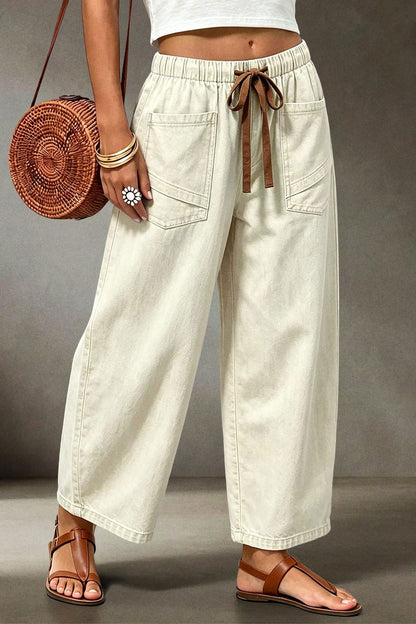 Solid Patch Pocket Drawstring Elastic Mid Waist Wide Leg Cropped Pants